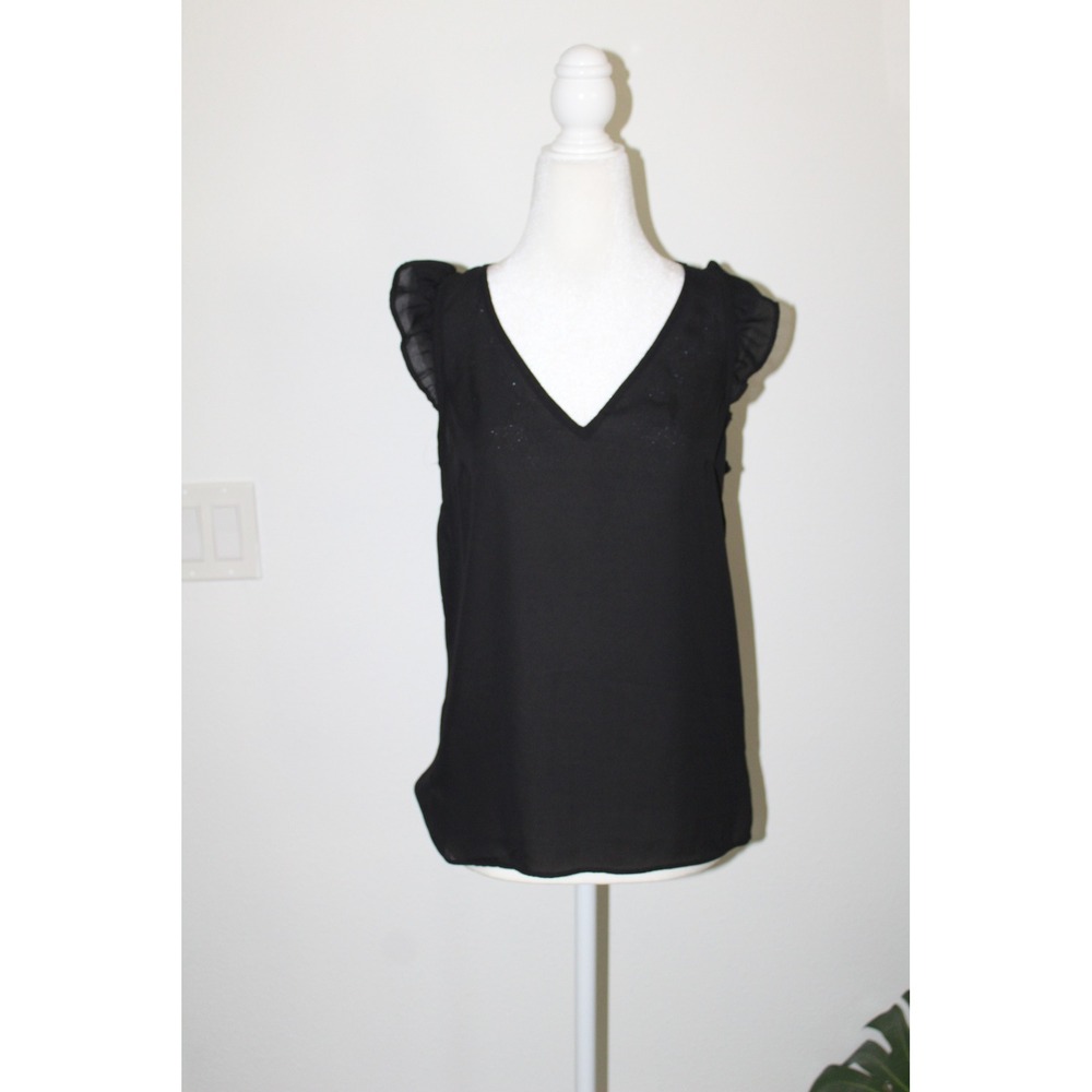 J.Crew Womens Black Ruffle Sleeve V-Neck Blouse Top Size 2 Classic Essential